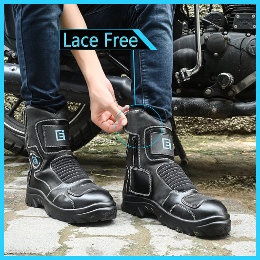 Eego Italy Patrol, Water Resistant Biker boot/Motorcycle riding boot, real leather upper & anti slip sole with steel toe protection, padded in socks, 3M Reflectors,lace free, with rubber gear protector  and walkable with shin and ankle protection