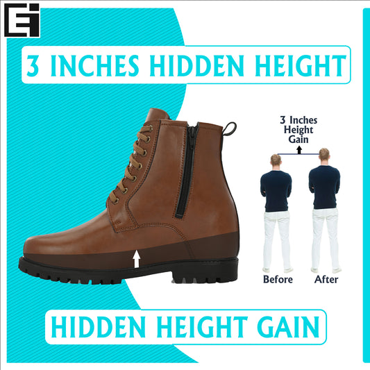 Eego Italy 3 Inch Hidden Height Increasing Casual Outdoor Boot in Eva Sole. Height Elevator Boots HT-3-BROWN