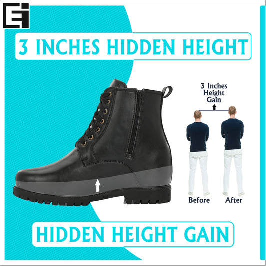 Eego Italy 3 Inch Hidden Height Increasing Casual Outdoor Boot in Eva Sole. Height Elevator Boots HT-3-BLACK