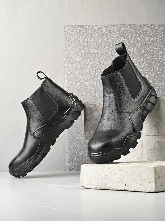 Eego Italy Solid Genuine leather anti skid steel toe safety chelsea boots with 3m reflectors